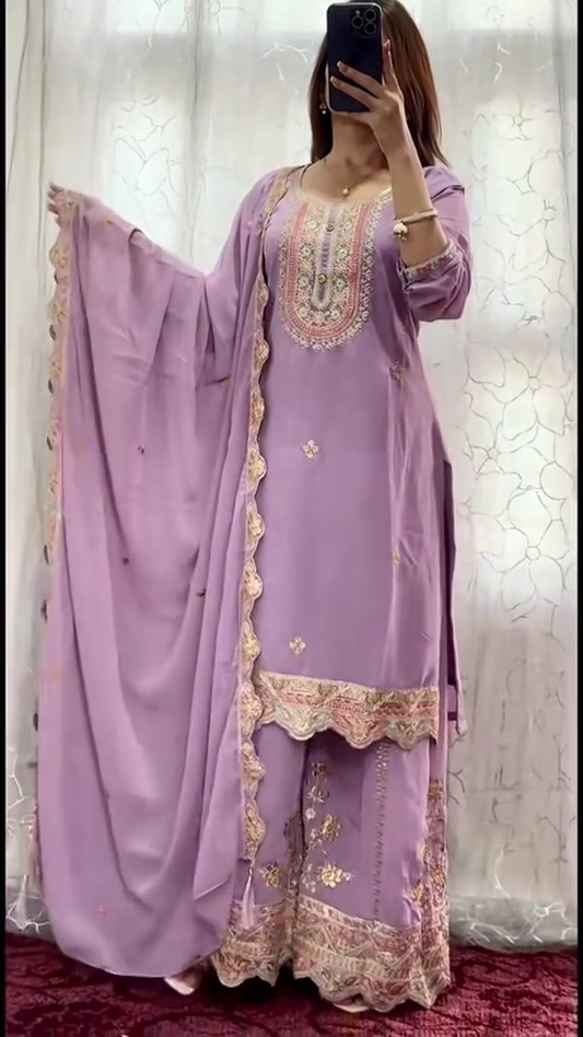 Elegant Lilac Anarkali with Intricate Floral Embroidery and Delicate Golden Detailing, Paired with a Matching Dupatta