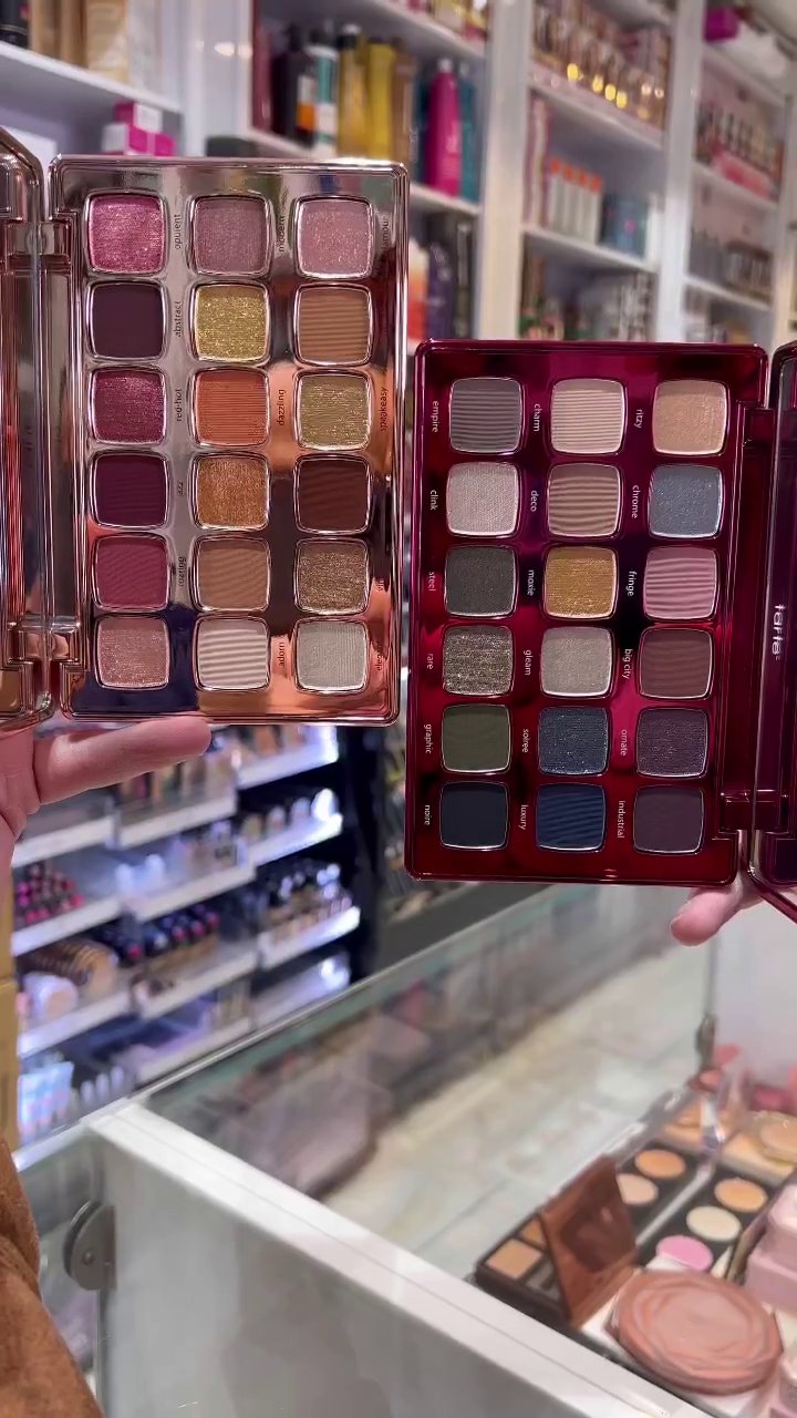 ChatGPT said: Two stunning eyeshadow palettes featuring a rich mix of warm neutrals, glitters, and bold shades. Perfect for creating both everyday and dramatic eye looks with a variety of textures.
