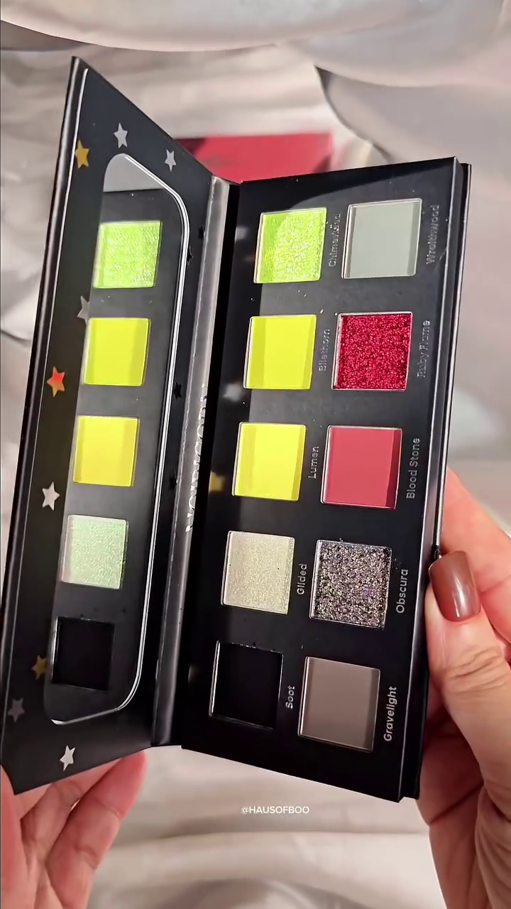 Vibrant Neon and Bold Eyeshadow Palette with 10 Unique Shades – Featuring Electric Greens, Fiery Reds, Glittery Golds, and Smoky Hues