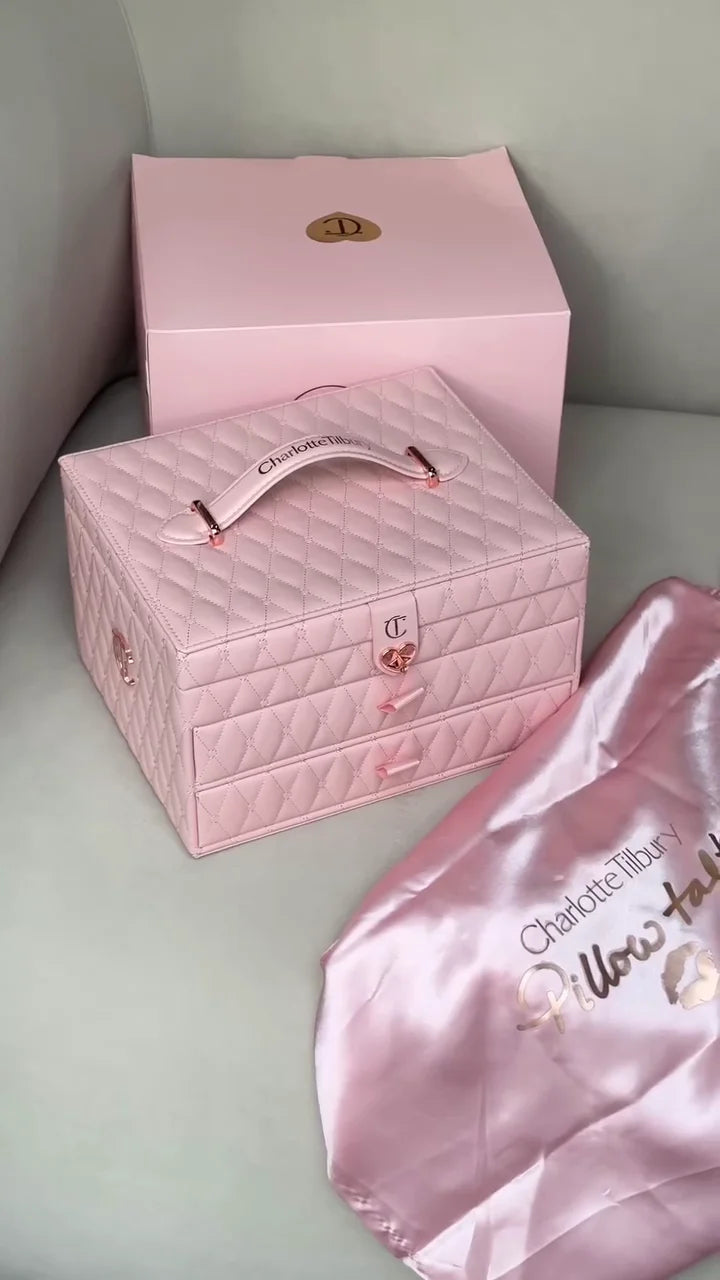 All-in-One Makeup Organizer Set with Mirror, Lipsticks, Mascara, Eyeshadows, Blush, Face Powders, and Brushes – Perfect for Travel and Daily Glam