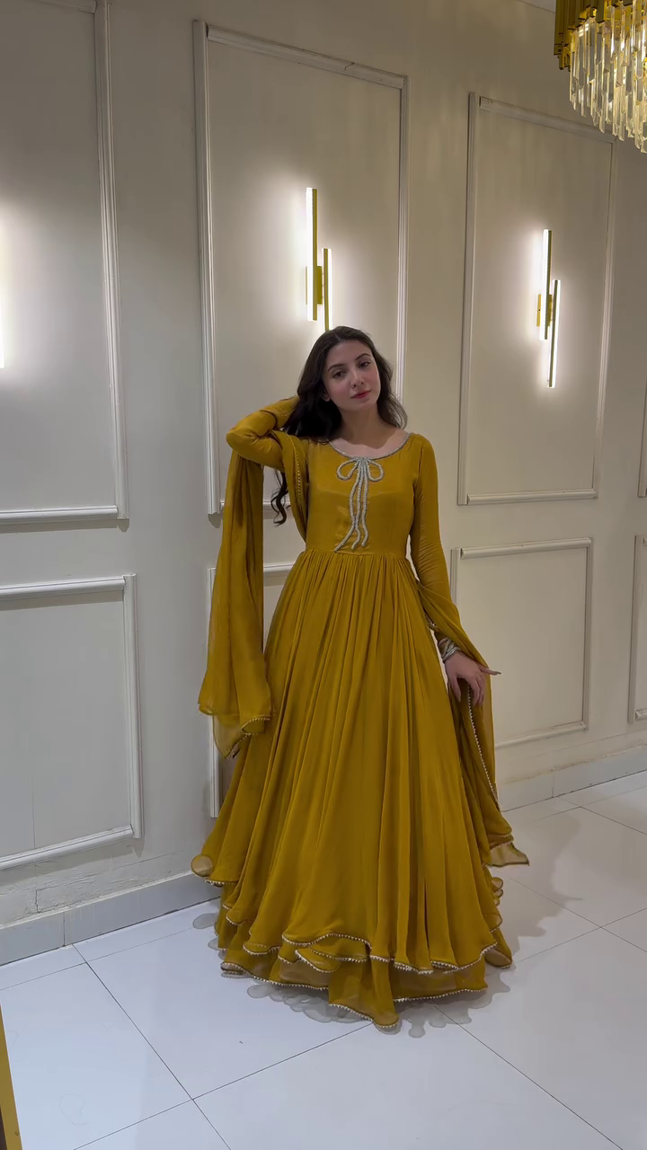 Mustard Yellow Anarkali with Pleated Skirt and Embellished Neckline – Perfect for Weddings and Festive Occasions