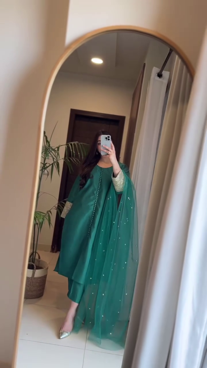 Emerald Green Anarkali Suit with Sheer Dupatta and Embellished Sleeves – Perfect for Festive and Formal Occasions
