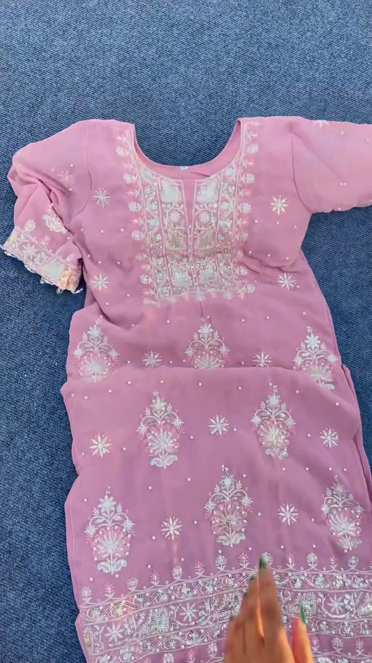 Elegant Pink Embroidered Semi-Stitched Anarkali Kurta Set with Chiffon Dupatta and Matching Bottom, Perfect for Festive and Traditional Occasions