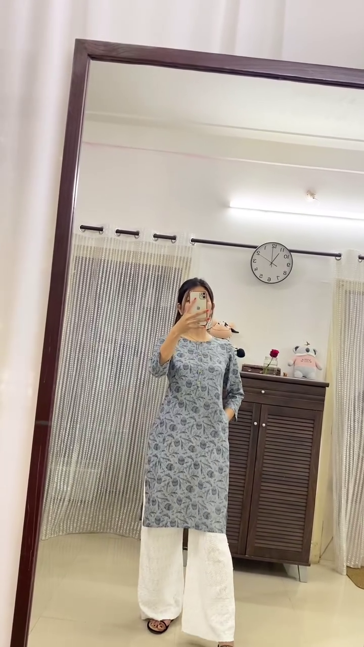 Floral Printed Long Kurta with White Palazzo and Stylish Footwear Set for Women, Perfect for Casual or Semi-Formal Occasions