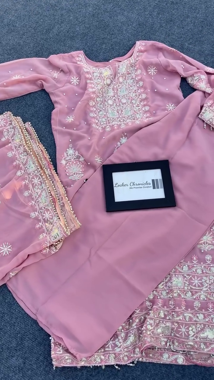 Elegant Pink Embroidered Semi-Stitched Anarkali Kurta Set with Chiffon Dupatta and Matching Bottom, Perfect for Festive and Traditional Occasions