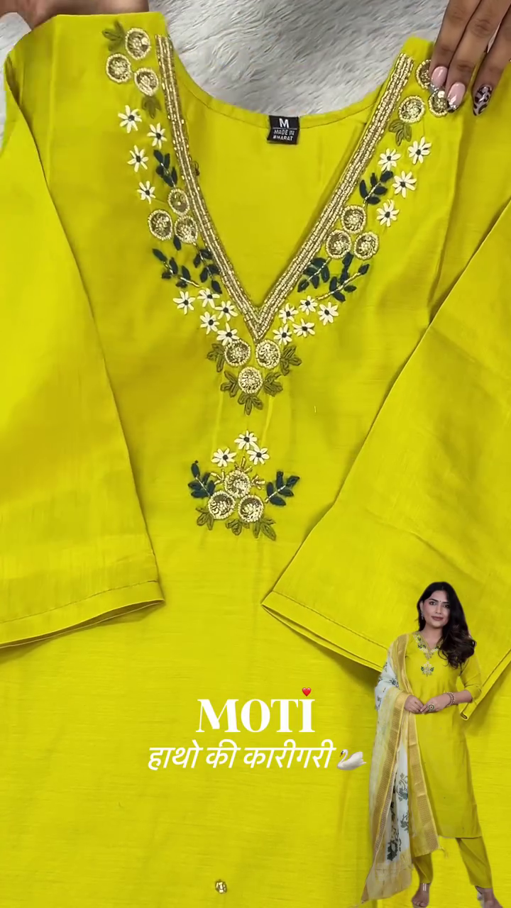 Yellow Embroidered Kurta Set with Intricate Moti and Floral Detailing – Crafted with Handwork, Perfect for Traditional and Festive Wear