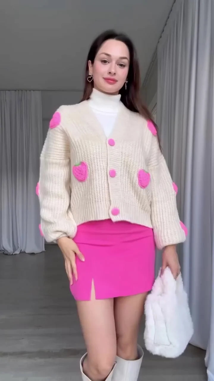 Chic Beige Knit Cardigan with Pink Heart Detailing and Vibrant Skirt – Sweet Girly Look