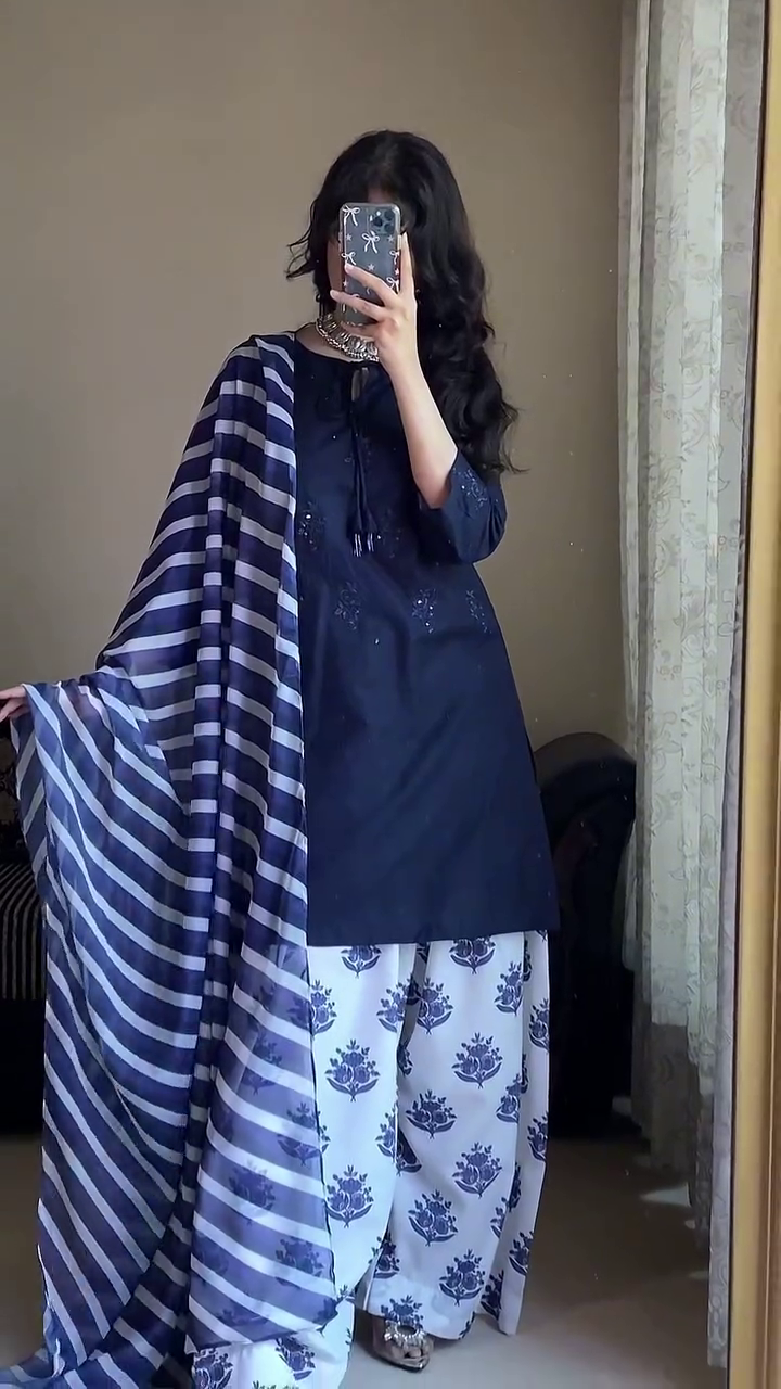 Elegant Navy Blue Embroidered Kurta Paired with Floral Print Palazzo and Striped Dupatta – A Chic Traditional Ensemble for Festive and Casual Occasions