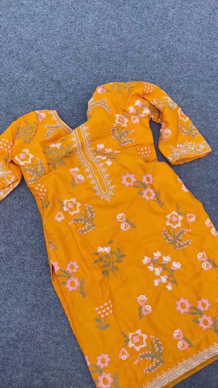 Embroidered Cotton Kurta and Palazzo Set with Floral Motifs in Mustard and Green - Comfortable, Stylish, and Perfect for Casual or Festive Occasions