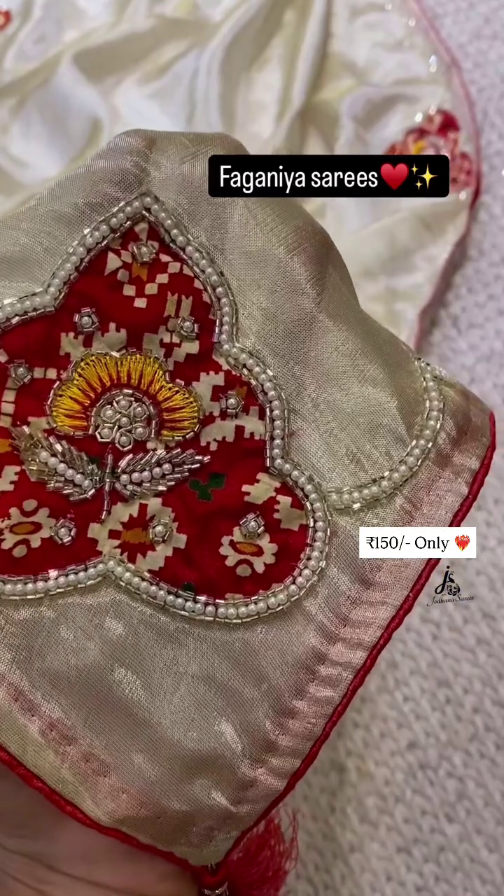 Red and Pink Handwork Embroidered Faganiya Saree with Polka Dot Design and Decorative Detailing