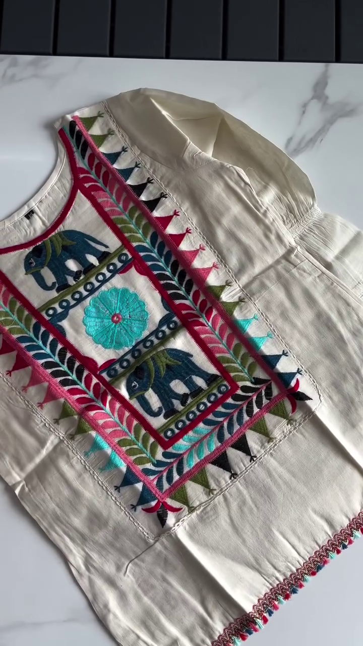 Boho-Chic Elephant and Floral Embroidered Kurta – Colorful Traditional Design with Intricate Detailing for a Stylish Ethnic Look