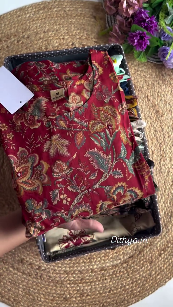 Set of 2 Stylish Cotton Kurtis in Red Floral and Blue Printed Designs for Comfortable and Elegant Everyday Wea