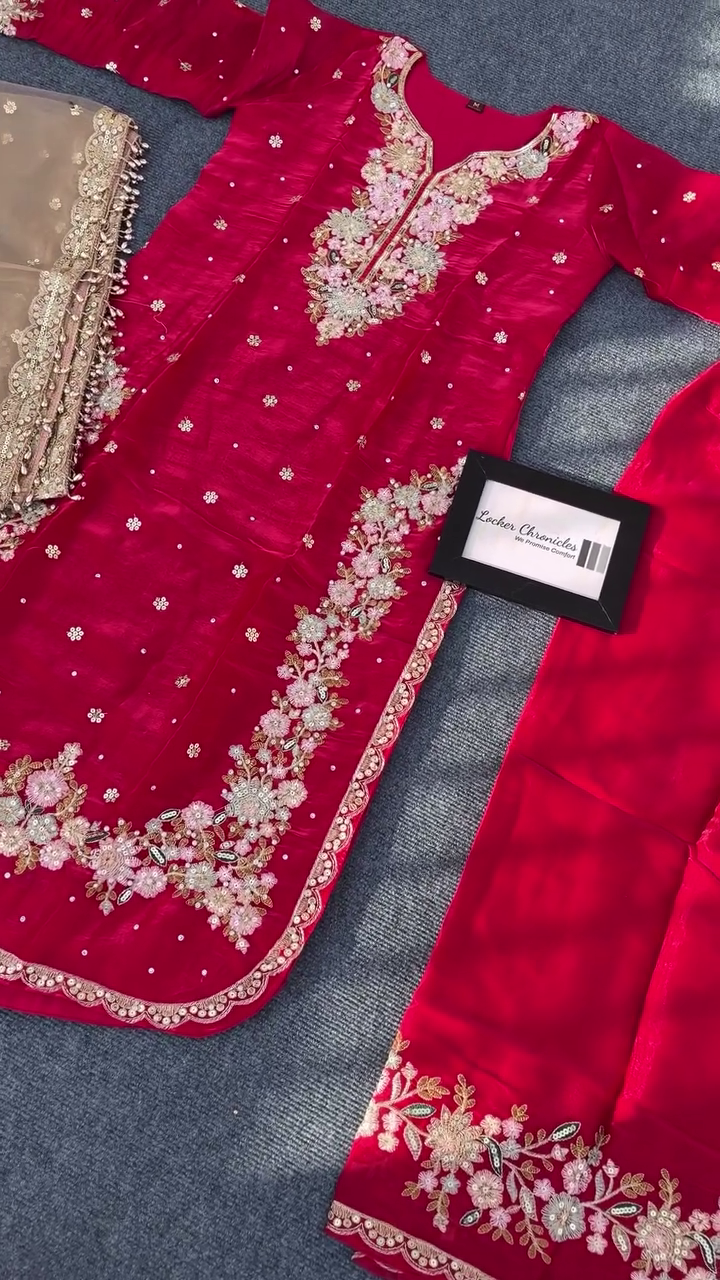 Stunning Red Embroidered Salwar Kameez with Floral Detailing and Pearl Embellishments, Paired with a Beautifully Crafted Dupatta for Elegant Occasions