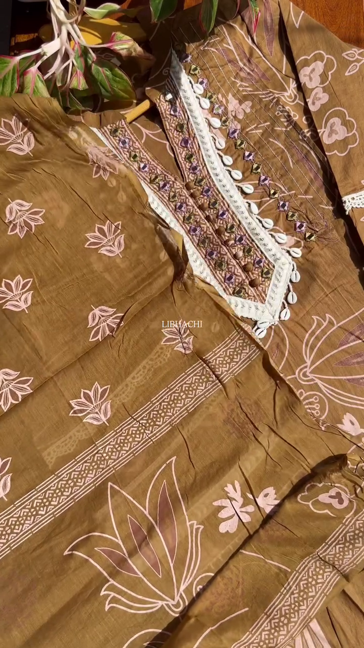 Bohemian Style Embroidered Kurta with White Tassel Detailing – Available in Rust and Brown for a Chic, Traditional Look