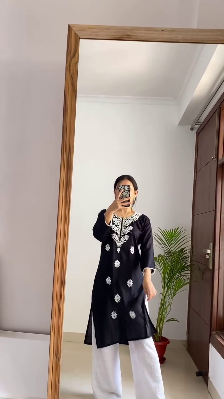 Floral Embroidered Black and White Kurta Set with White Palazzo for Women, Elegant and Comfortable Casual Wear for All Occasions