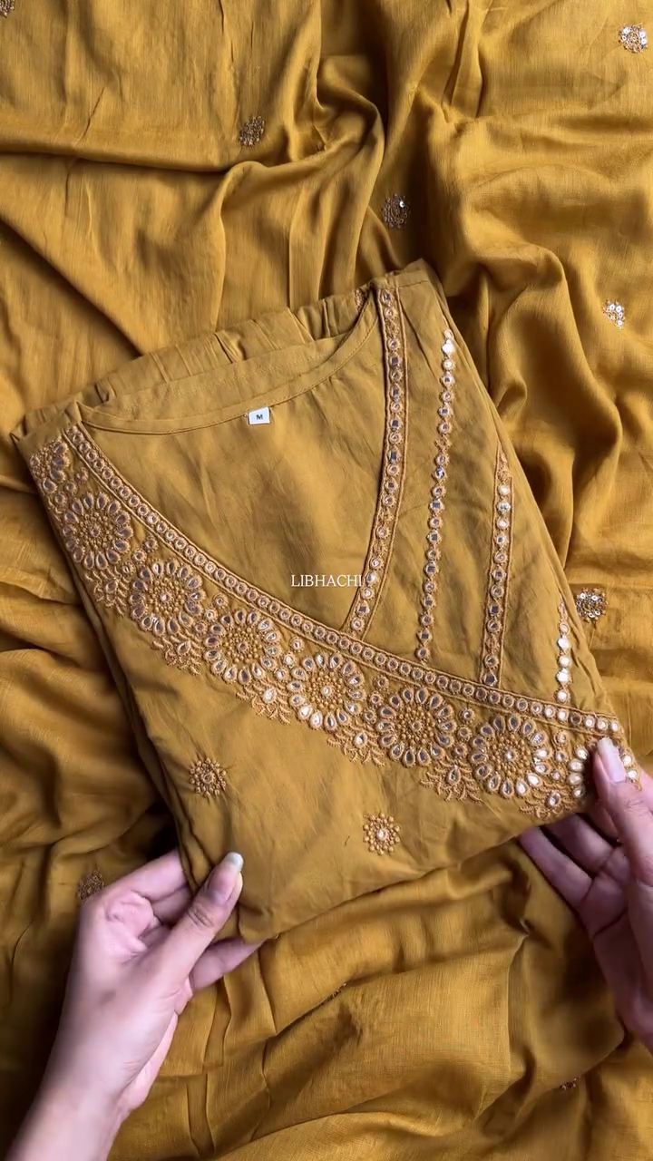 Elegant Mustard and Burgundy Embroidered Kurtis with Beautiful Floral Detailing and V-Shaped Neckline, Perfect for Festive and Casual Wear