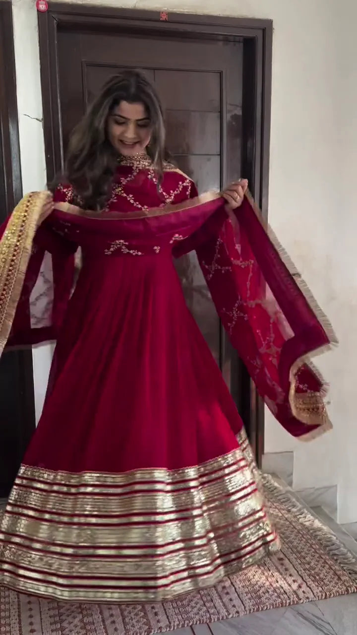 Designer Red Anarkali Gown with Dupatta – Elegant Heavy Embroidered Long Dress with Golden Border | Wedding, Party & Festive Wear for Women
