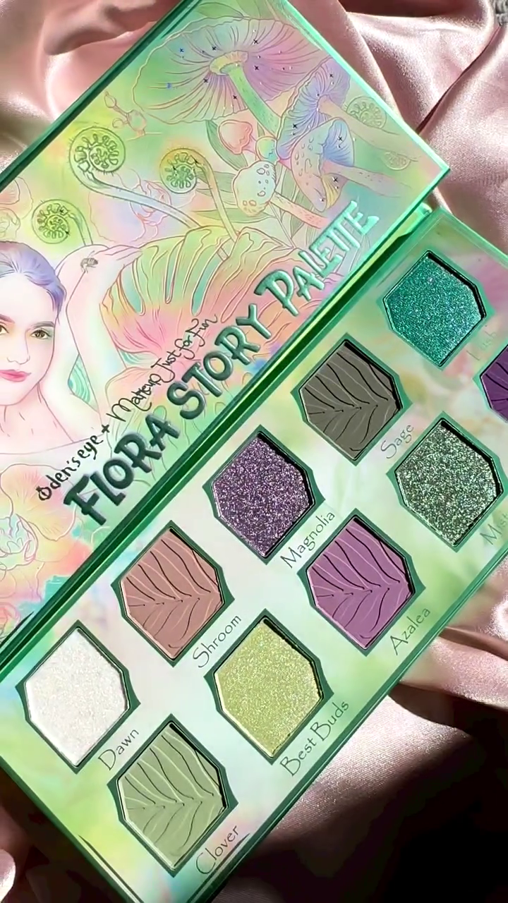 Odin’s Eye x Makeup Just For Fun Flora Story Palette – 10 Nature-Inspired Eyeshadows in Greens, Purples & Neutrals with Matte & Shimmer Finishes