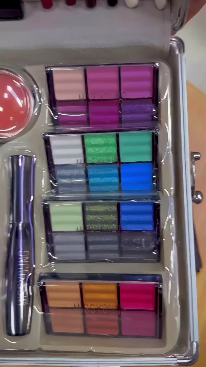 Miss Young Professional Makeup Trolley Case – Complete Cosmetic Kit with Eyeshadows, Lipsticks, Blushers, Pencils, Brushes & Mirror