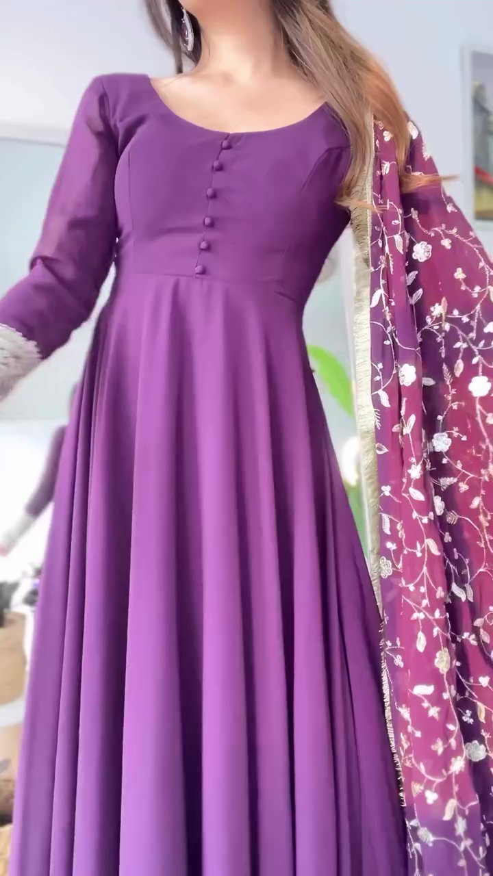 Purple Anarkali Dress with Silver-Embroidered Sleeves and Matching Dupatta for a Chic, Traditional Look