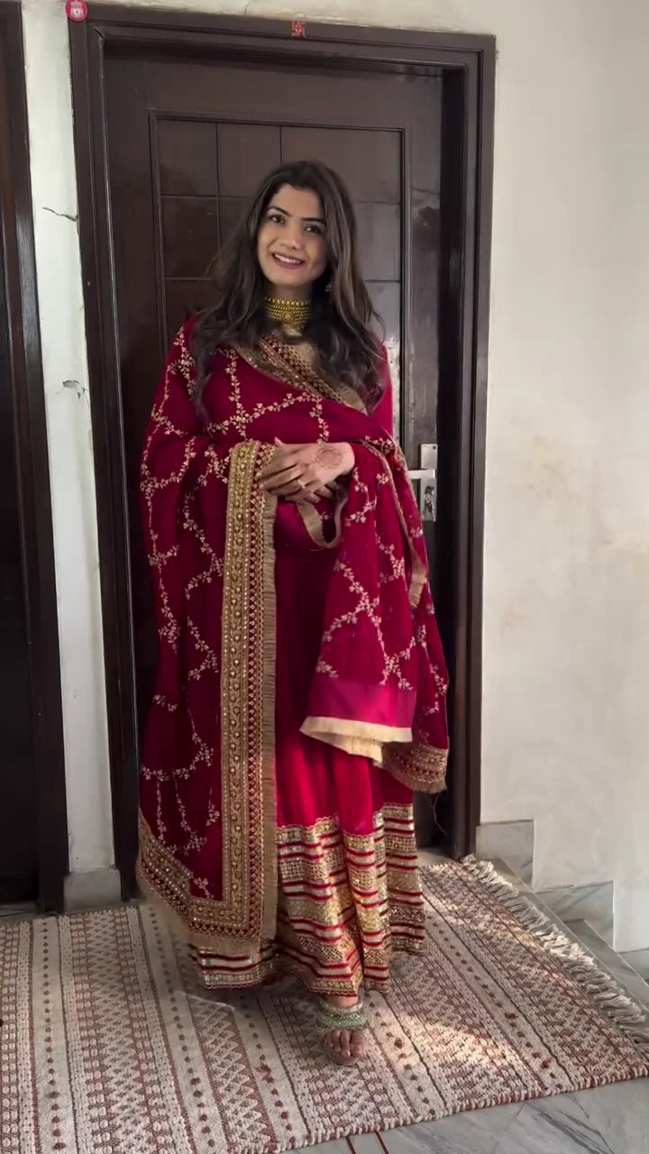 Designer Red Anarkali Gown with Dupatta – Elegant Heavy Embroidered Long Dress with Golden Border | Wedding, Party & Festive Wear for Women