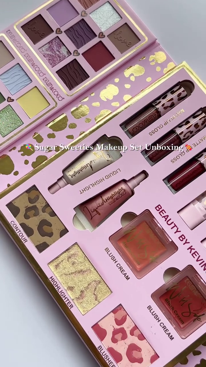 Keim & Coco Sugar Sweeties Makeup Set – Includes Eyeshadows, Liquid Highlighters, Lip Gloss, Blush Creams, and Contour in a Stylish Leopard Print Compact