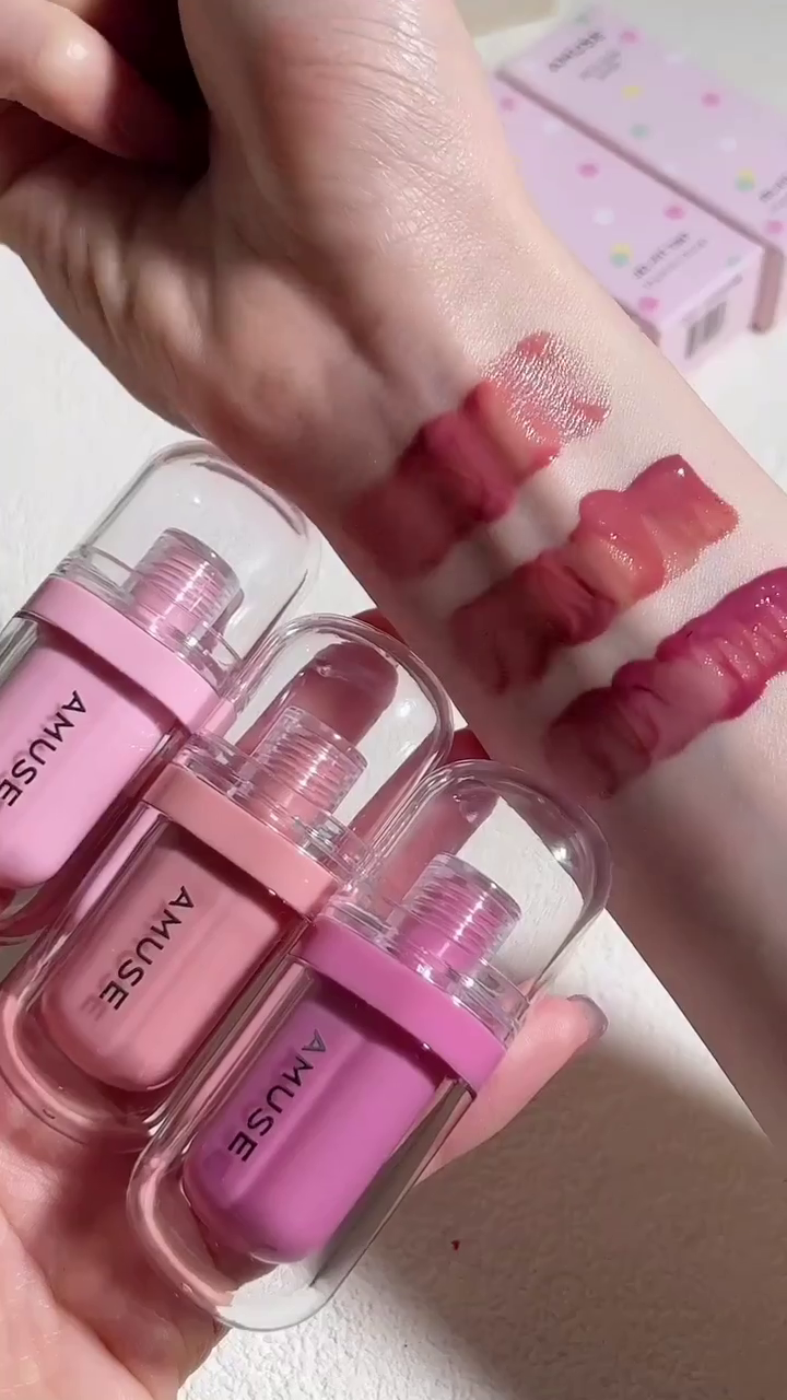 Amuse Lip Tints – Set of 3 Shades in Soft Pink, Rose, and Deep Berry for Natural, Long-lasting Color