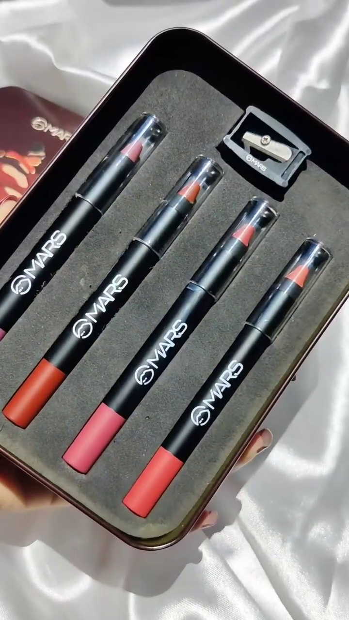 Mars Lipstick Pencil Set – 4 Vibrant Shades with Built-In Sharpener for Effortless Application and Long-Lasting Color