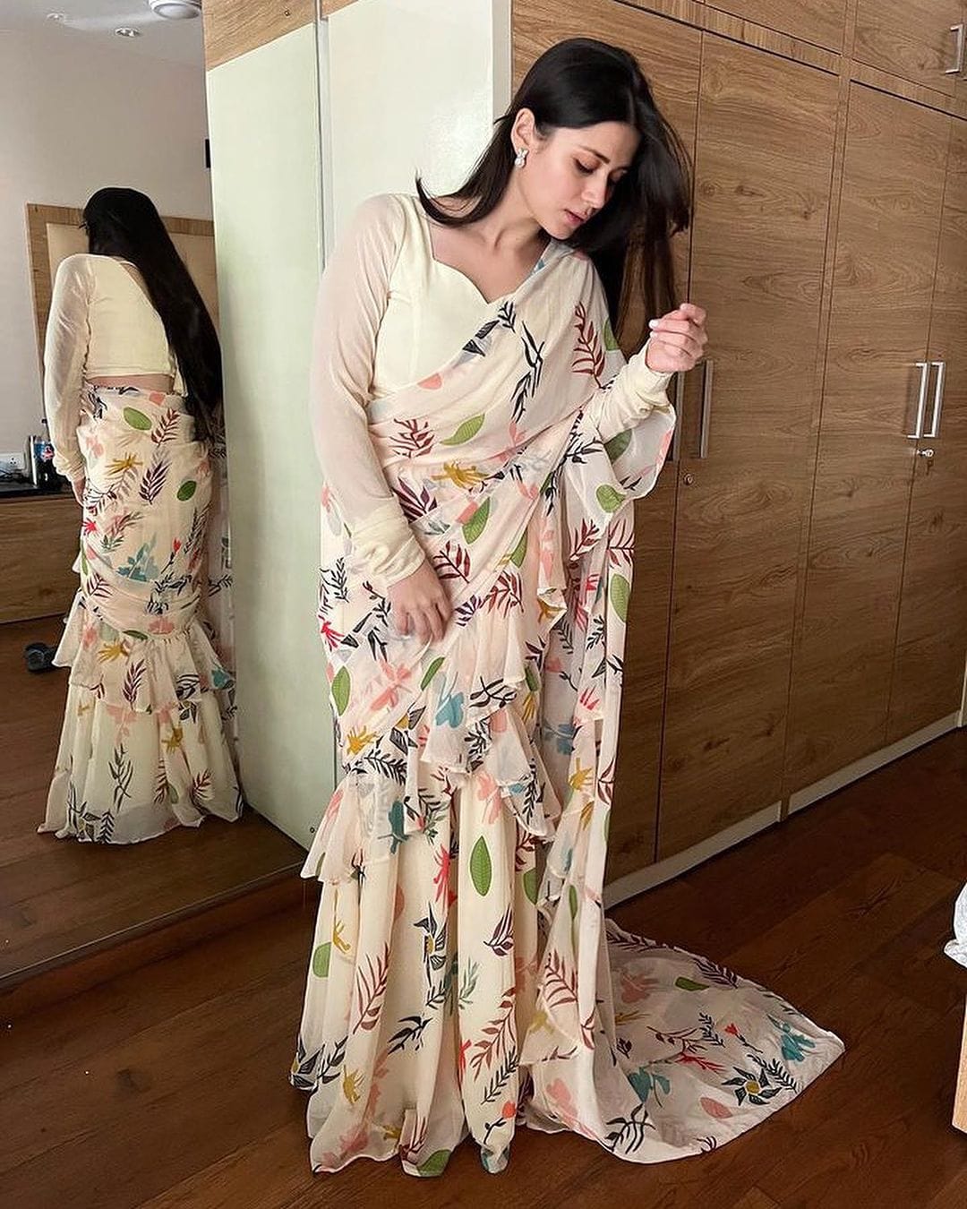 Gunjan Kunwar in Off White Printed Ruffle Lehenga Pre Drapped Saree