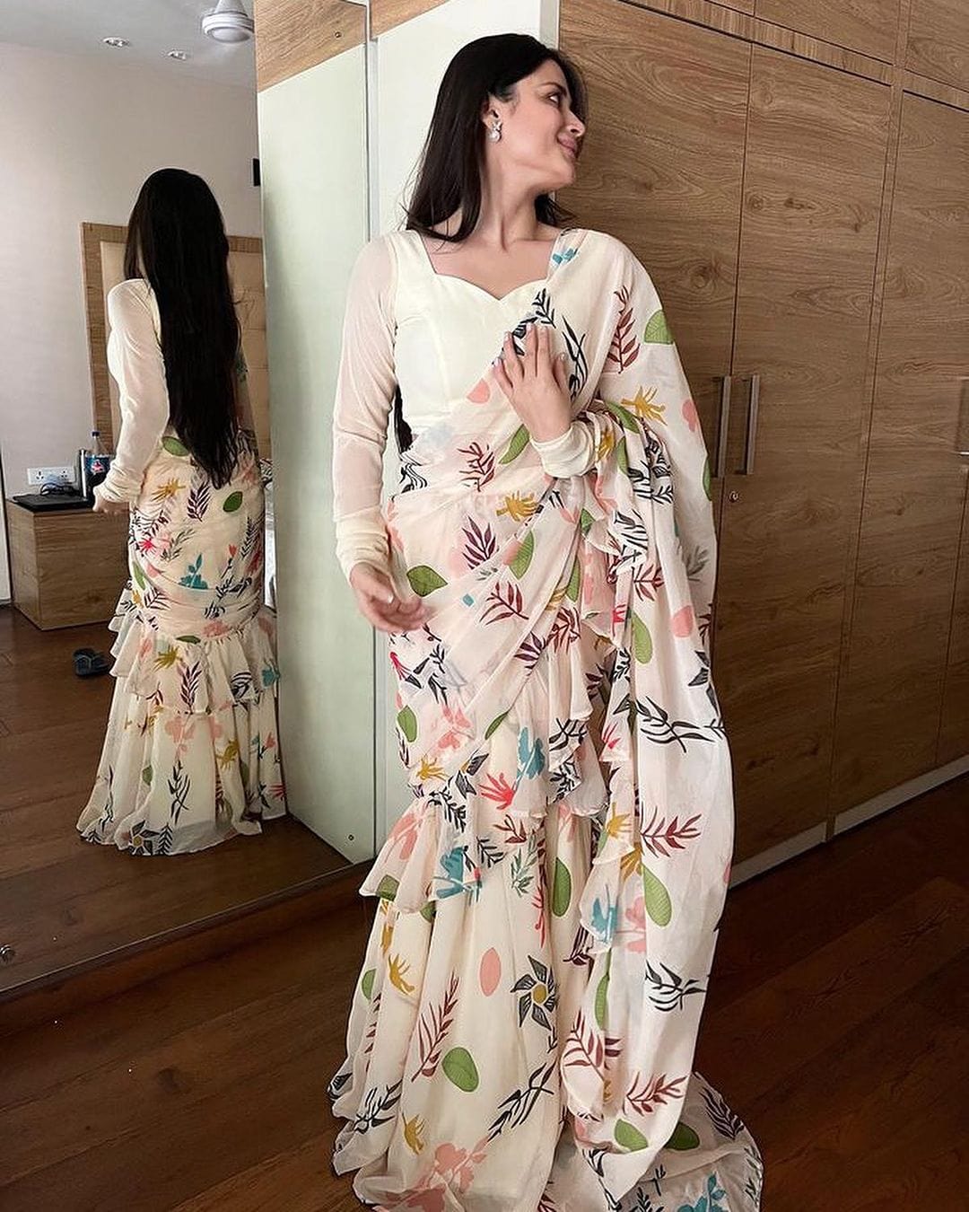 Gunjan Kunwar in Off White Printed Ruffle Lehenga Pre Drapped Saree