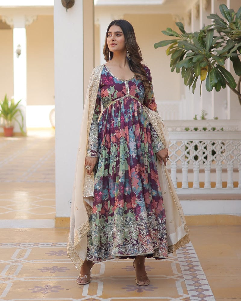 Wedding Wear Floral Embroidered Wine Color Alia Cut Gown With Dupatta