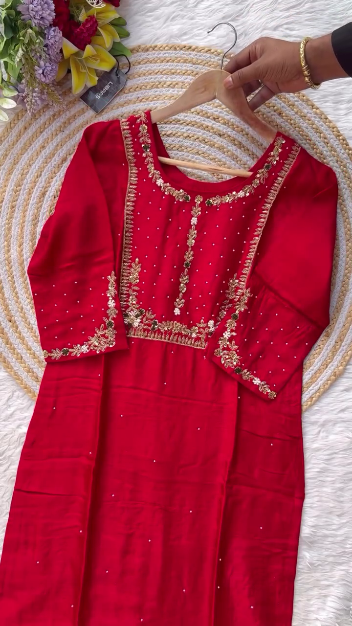 Red Embroidered Long Kurti with Gold Threadwork and Pearl Detailing – Traditional Women’s Wear for Festive Occasions