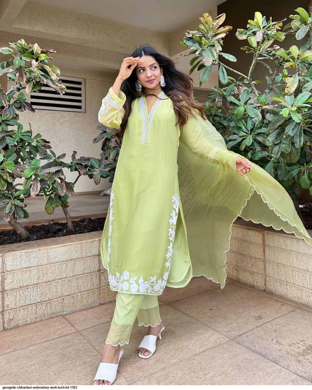 Luxurious Chikankari Embroidered Faux Georgette Top & Pant with dupatta Set