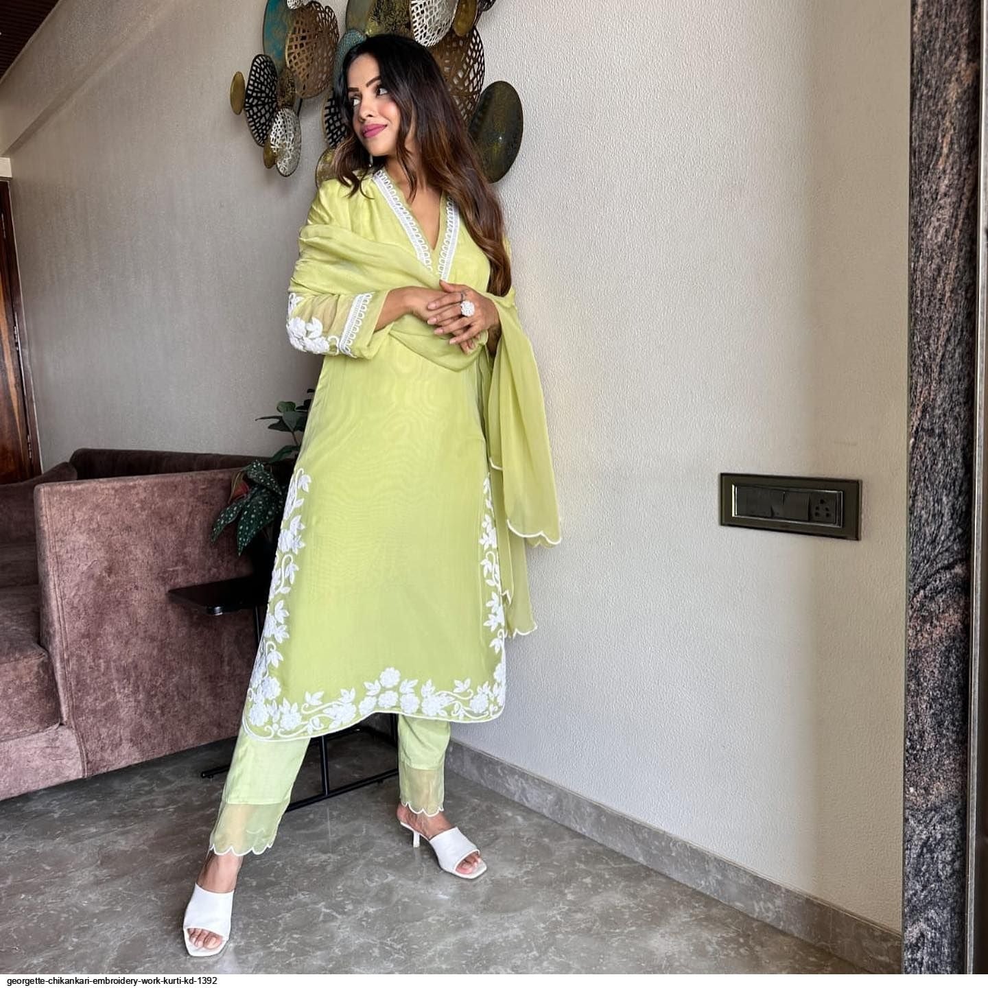 Luxurious Chikankari Embroidered Faux Georgette Top & Pant with dupatta Set