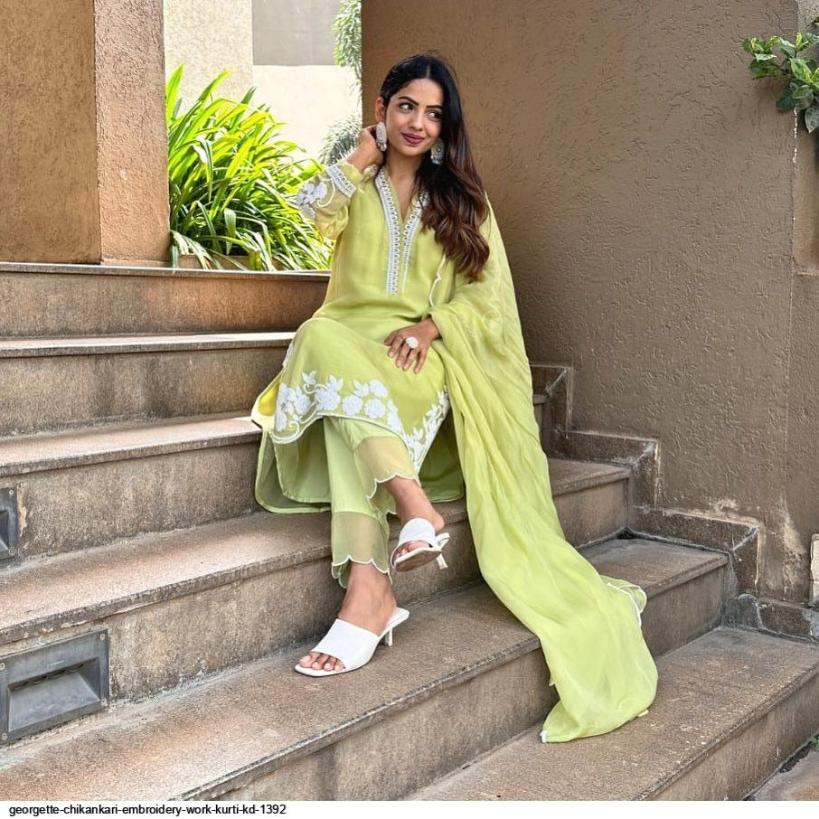 Luxurious Chikankari Embroidered Faux Georgette Top & Pant with dupatta Set