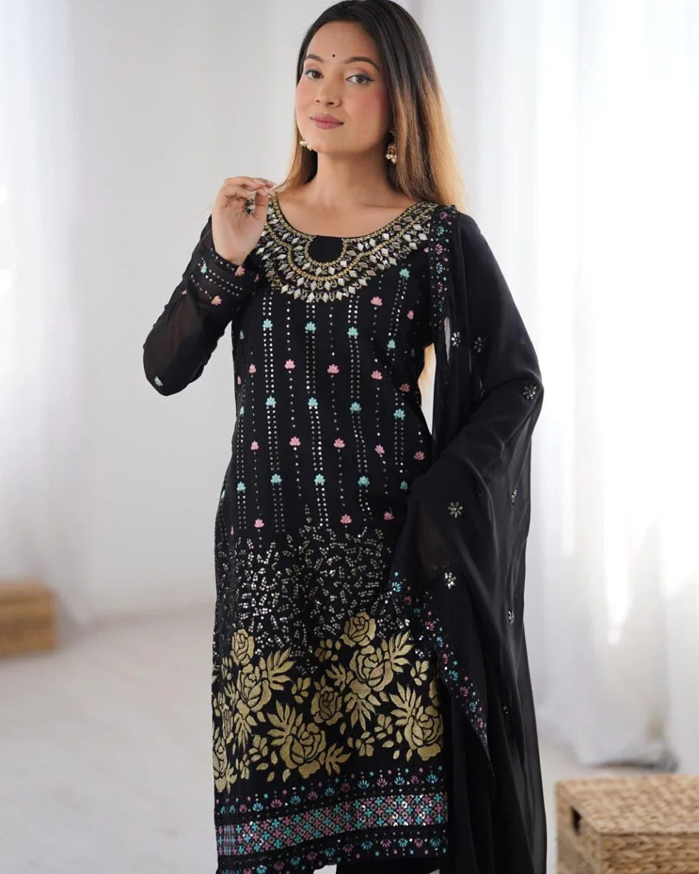 Georgette Straight Fit – Designer Black Thread & Mirror Work Set for Parties