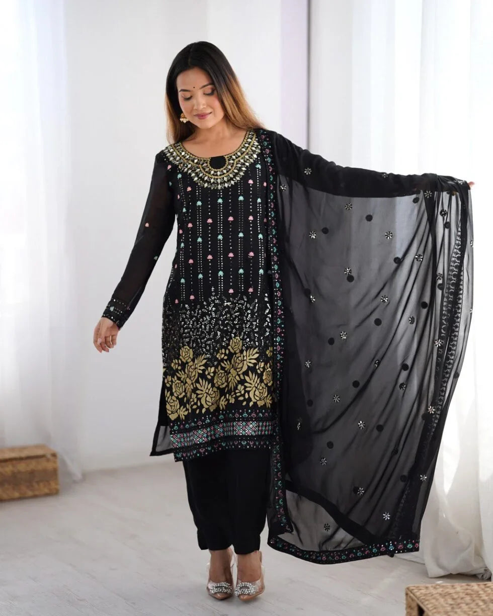 Georgette Straight Fit – Designer Black Thread & Mirror Work Set for Parties