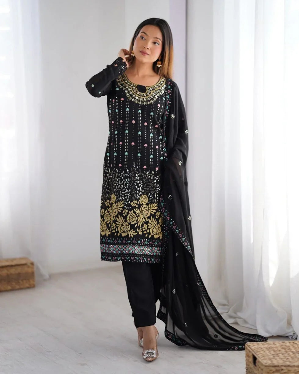 Georgette Straight Fit – Designer Black Thread & Mirror Work Set for Parties