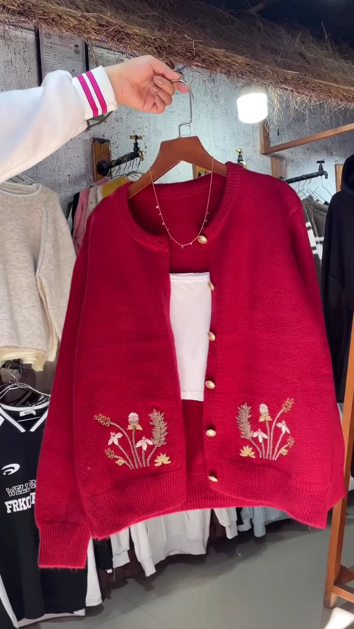 Women’s Embroidered Floral Knit Cardigan – Soft Button-Down Sweater in Cream & Red Colors