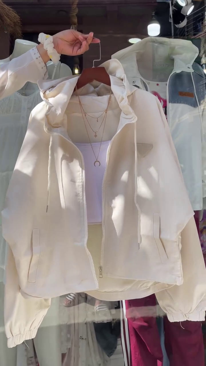 Women’s Casual Zipper Hoodie Jacket in Elegant Off-White and Classic Brown Colors with Drawstring Hood
