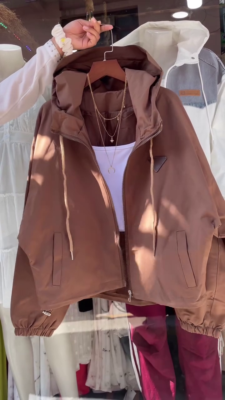 Women’s Casual Zipper Hoodie Jacket in Elegant Off-White and Classic Brown Colors with Drawstring Hood