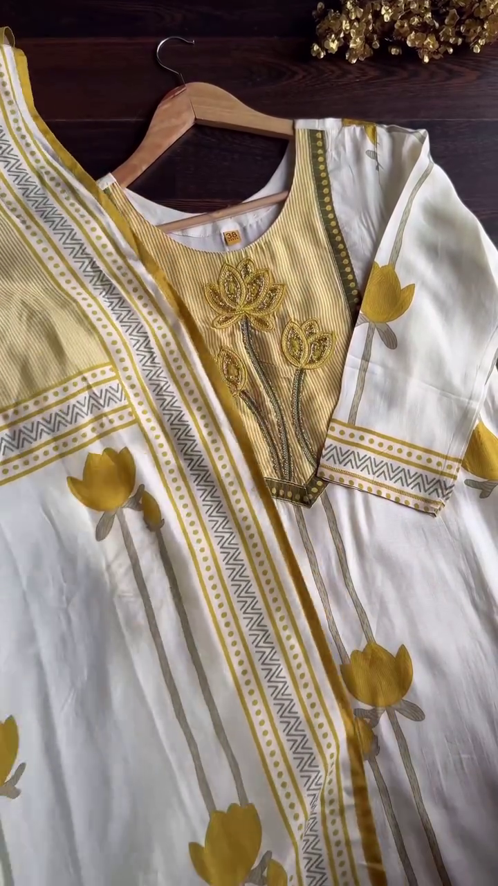 Yellow and White Embroidered Kurta with Floral Detailing and Intricate Thread Work for Women - Traditional Indian Wear for Festive Occasions