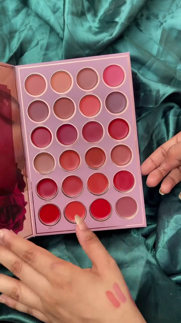 A lip color palette with 24 creamy shades ranging from nudes, pinks, and browns to vibrant reds and corals.