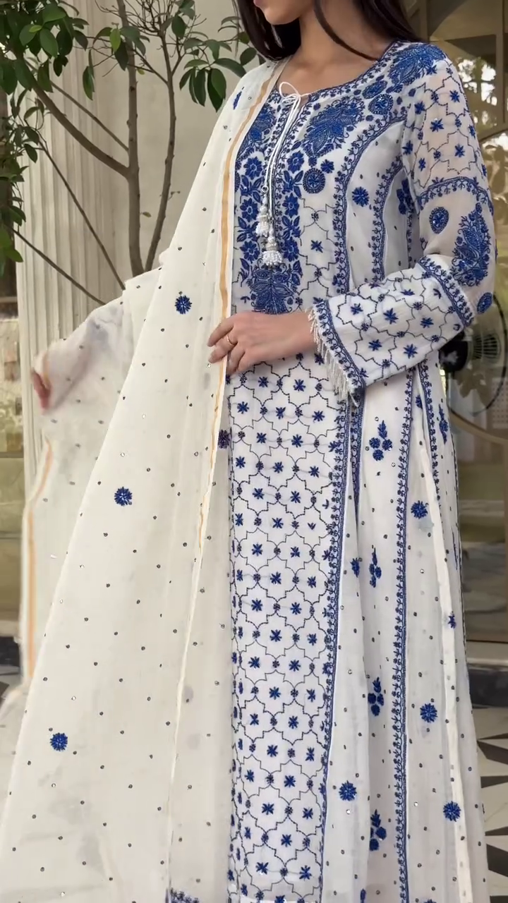 Exquisite White and Blue Floral Embroidered Anarkali Kurta with Elegant Dupatta and Handcrafted Detailing – Perfect for Festive and Formal Occasions