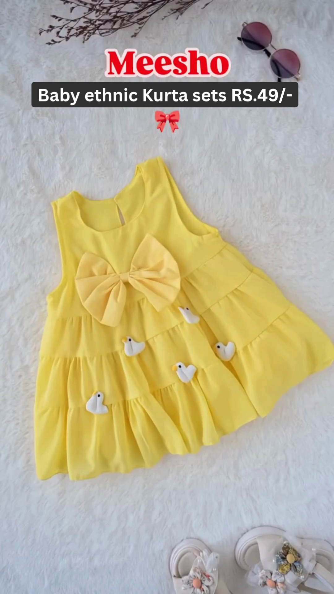 Adorable Baby Girls Ethnic Kurta Dress Sets in Soft Pastel Pink and Vibrant Yellow Colors with Cute Floral and Bird Embellishments, Sleeveless Ruffled Layers and Bow Tie