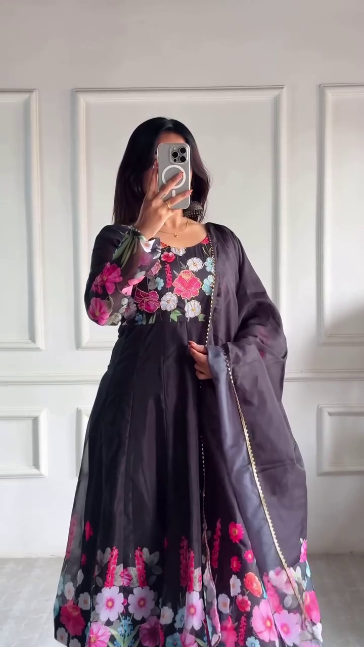 Chic Black Anarkali Kurta Set with Multicolor Floral Printed, Paired with a Coordinated Floral Border Dupatta and Solid Bottom – Ethnic Outfit for Special Occasions