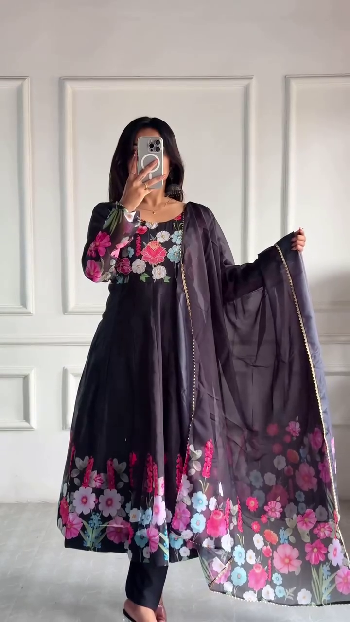 Chic Black Anarkali Kurta Set with Multicolor Floral Printed, Paired with a Coordinated Floral Border Dupatta and Solid Bottom – Ethnic Outfit for Special Occasions
