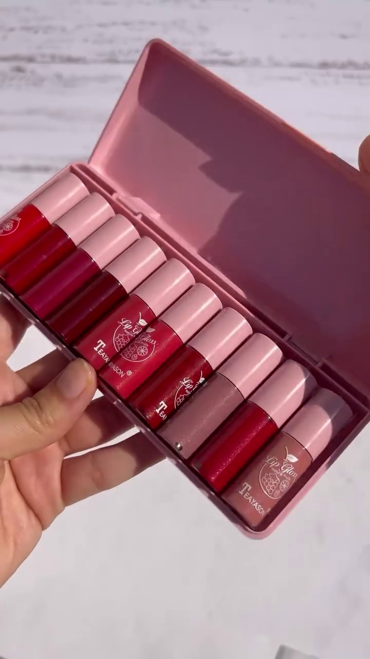 Lip Gloss & Tint Set – 12 Mini Long-Lasting Liquid Lip Colors in Red, Pink, Nude, and Berry Shades with Smooth Matte and Glossy Finish, Travel-Friendly Case for Daily Wear, Party Looks