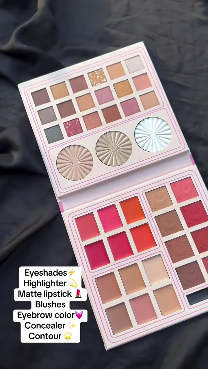 All-in-One Professional Makeup Palette with 24 Eyeshadows in Matte, Shimmer, Glitter Shades, Highlighters, Bold Matte Lip Colors, Blush Shades and 4 Contour Shades – Complete Face and Brow Kit for Daily, Party and Bridal Makeup