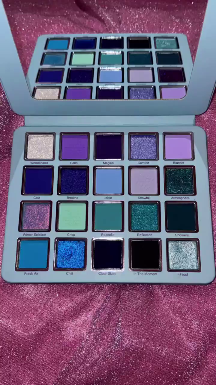 Winter Inspired 20 Color Eyeshadow Palette with Matte, Shimmer and Glitter Shades in Cool Blue, Purple, Green and Silver Tones